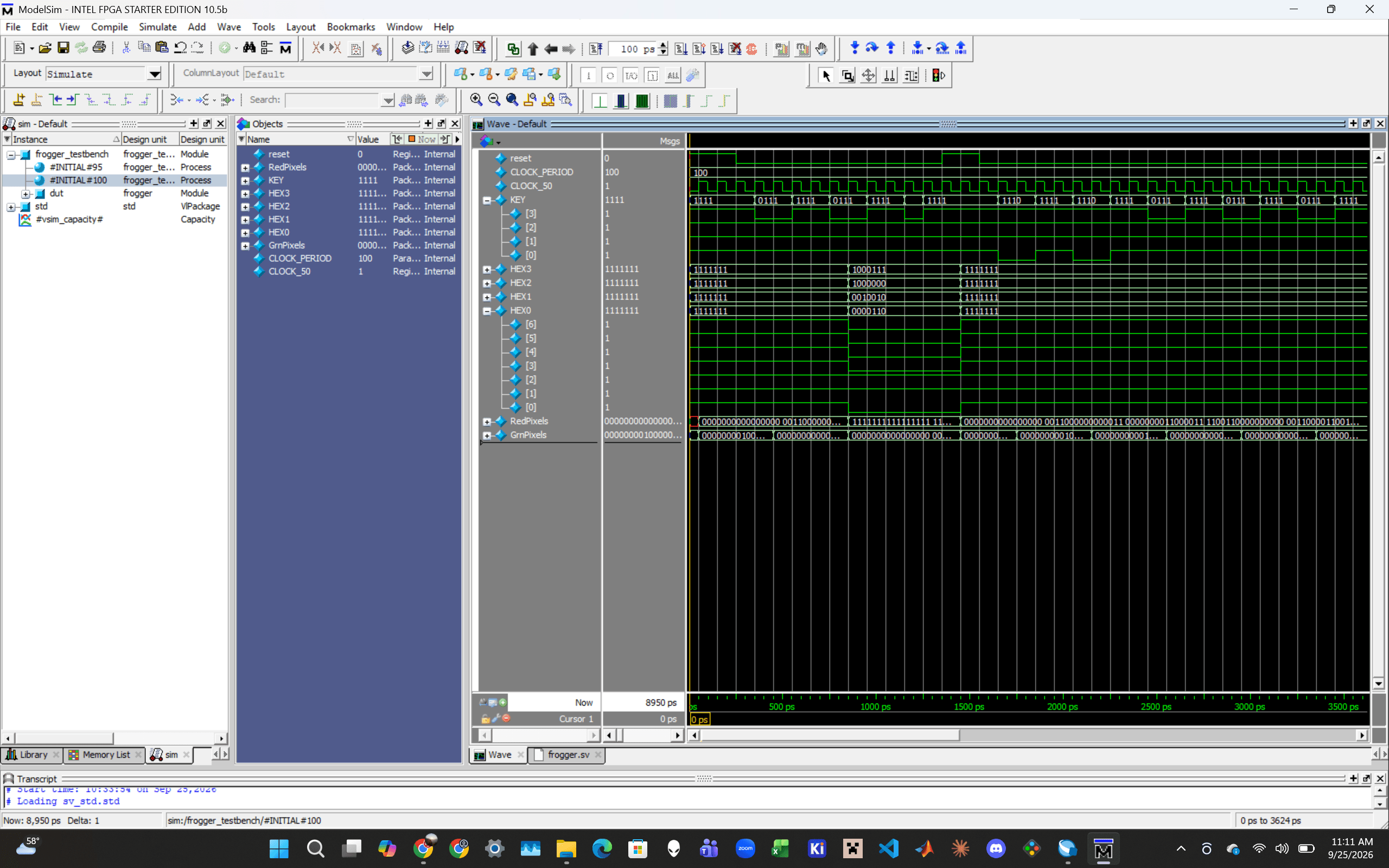 A ModelSim testbench waveform showing button presses (KEY) driving the
frog's movement and the red/green pixel and HEX display outputs.
