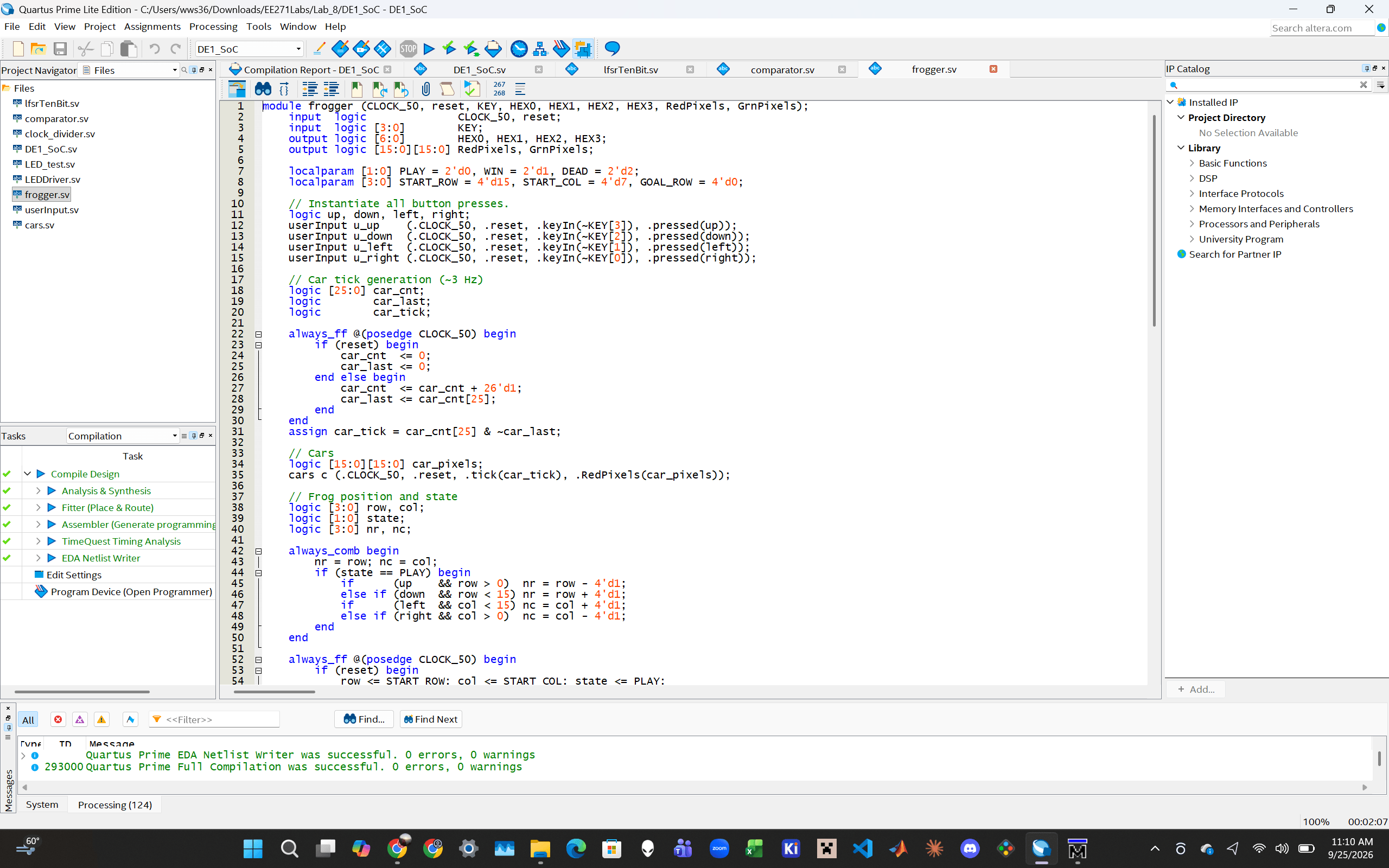 The SystemVerilog project in Intel Quartus Prime, fully compiled for the
DE1-SoC with 0 errors and 0 warnings.